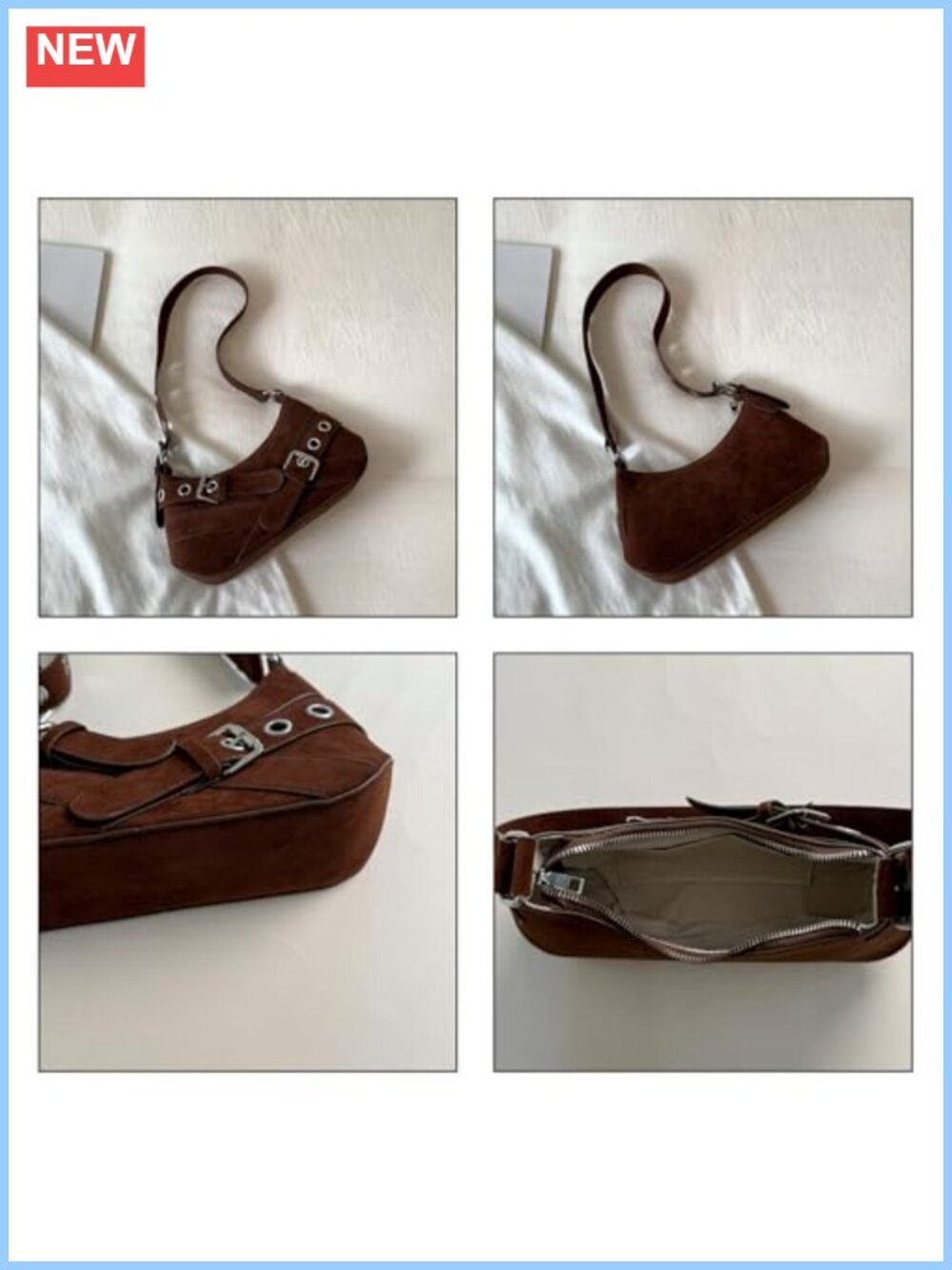 Faux Suede Hobo Bag with Buckle Y2K Crescent Crossbody Women's Purse - Picture 3 of 6